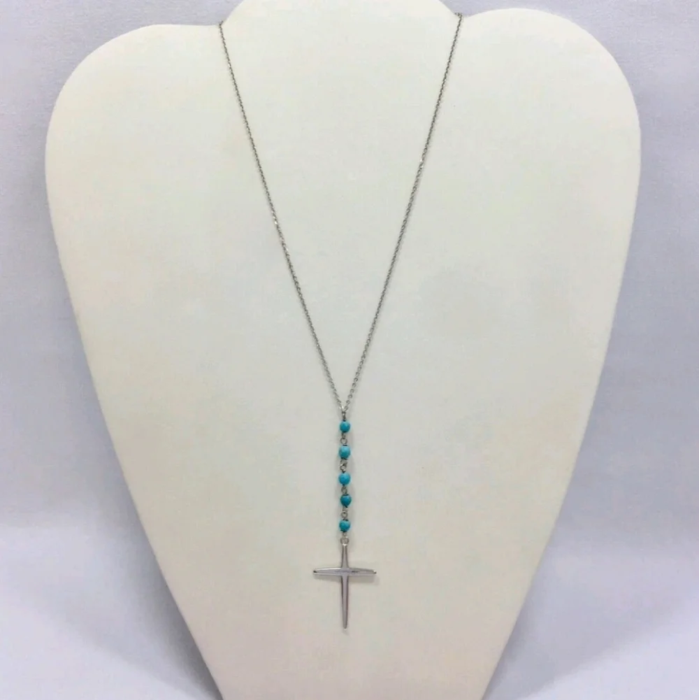 Silver Cross Necklace with Blue Beads